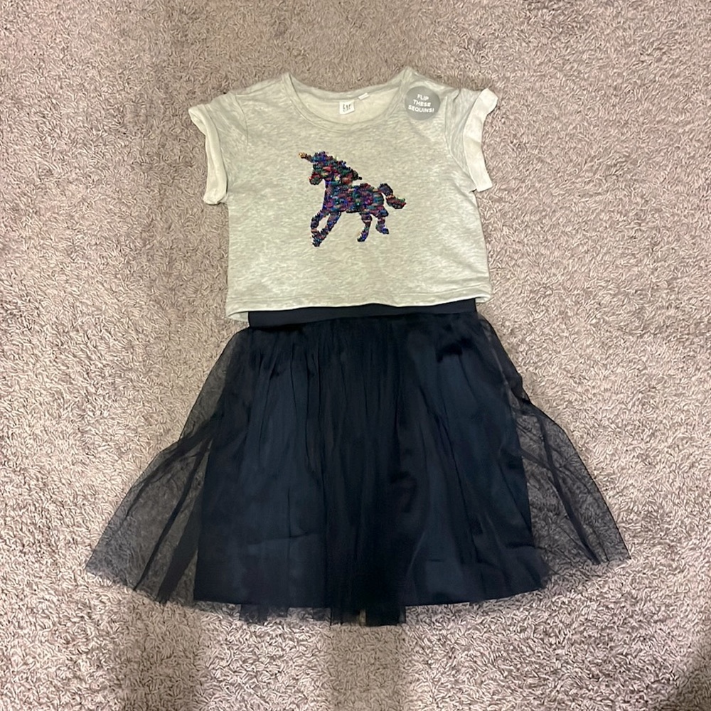 GAP KIDS Grey and Black Tutu Dress with Attached Sequin Unicorn Overshirt